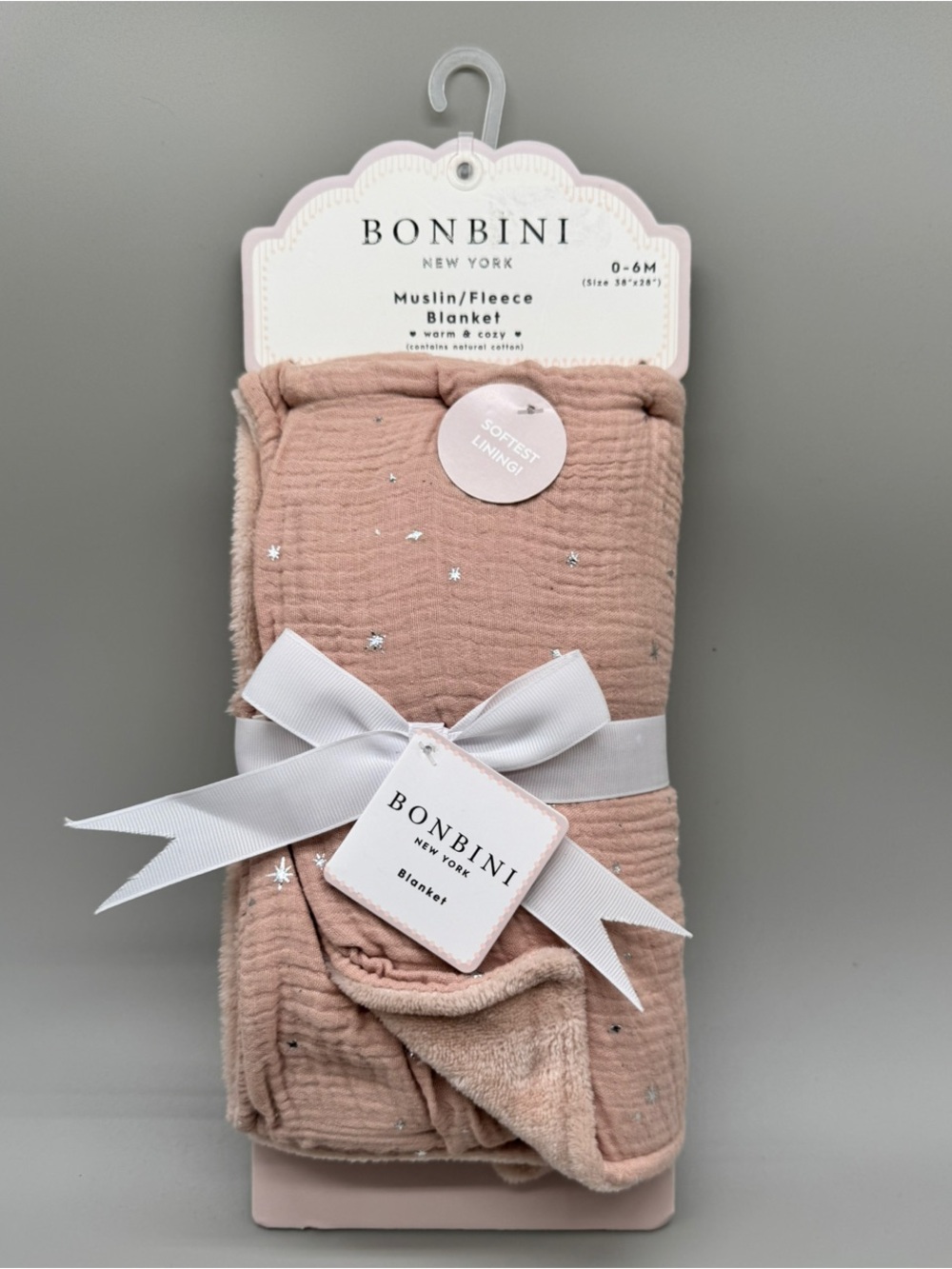BONBINI New York Pink Muslin-Fleece Reversible Baby Blanket Pink NWT